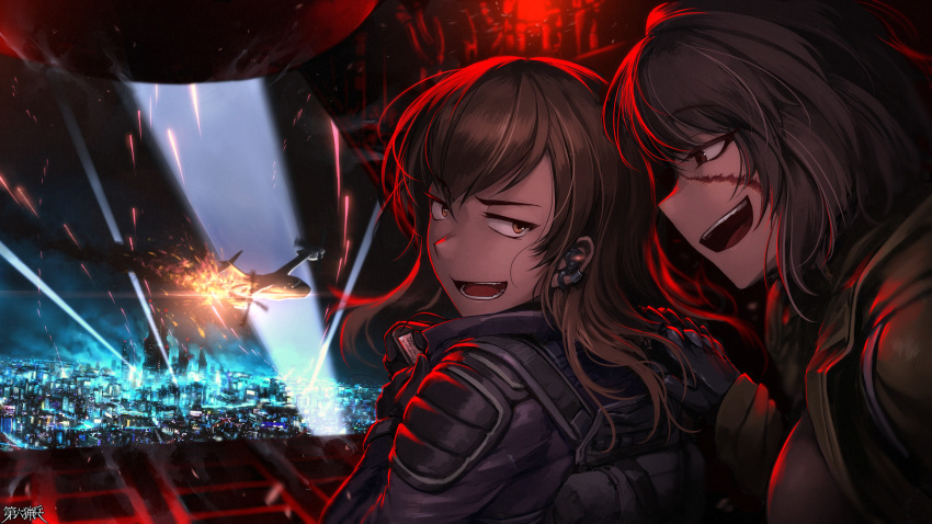 2girls, airplane_interior, brown_eyes, brown_hair, cityscape, dairoku_youhei, dog_tags, earpiece