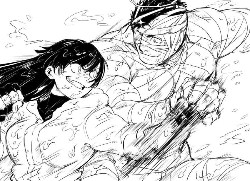 1boy, 1girl, bandages, black_hair, breasts, facial_hair, fighting_stance, fingerless_gloves