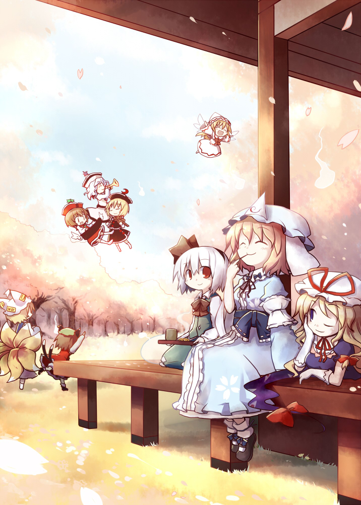 bow, brown_hair, chen, cherry_blossoms, cup, dollar, dress, eating