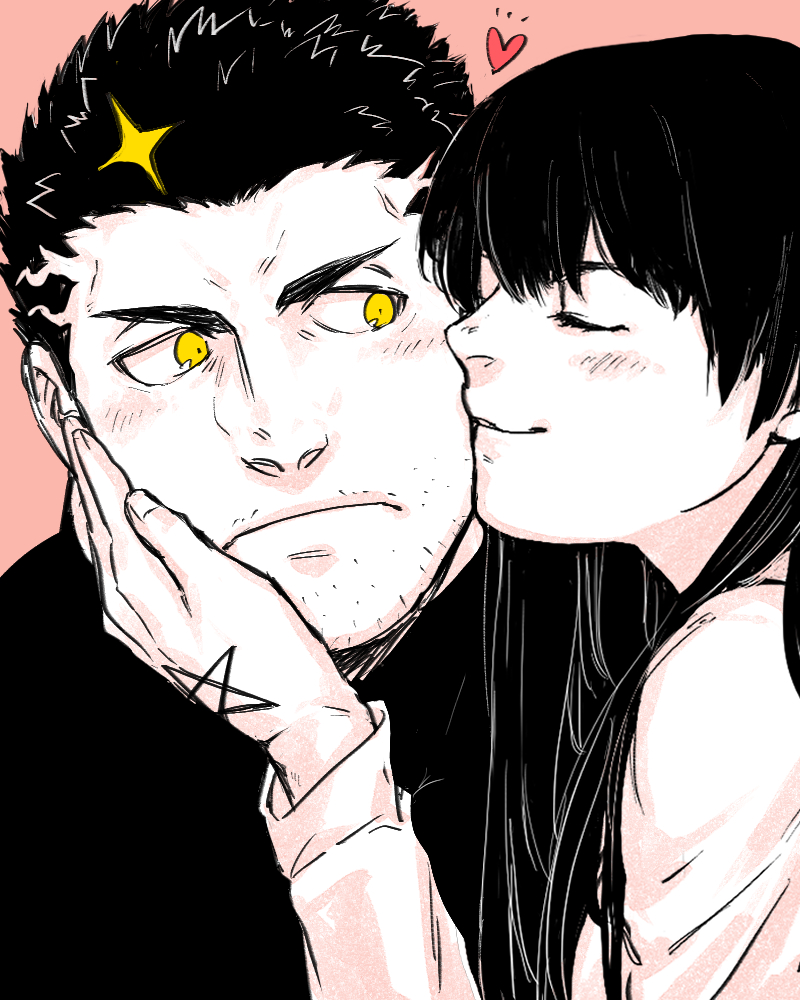 1boy, 1girl, black_hair, blush, cheek_kiss, close-up, face, facial_hair