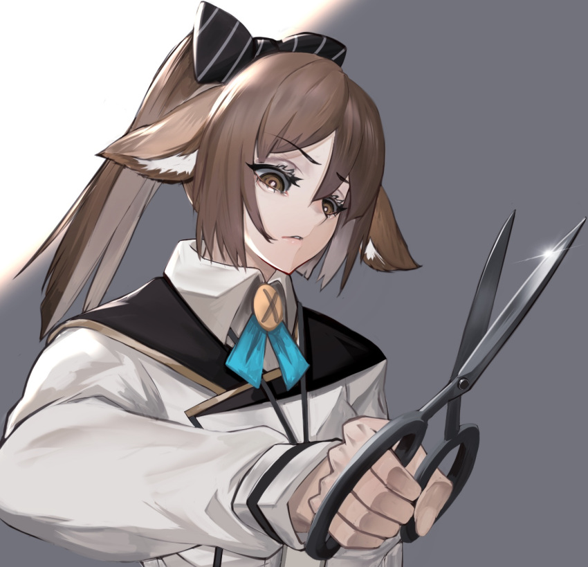 animal_ears, arknights, bow, brown_eyes, brown_hair, collared_shirt, disgust, eyebrows_visible_through_hair