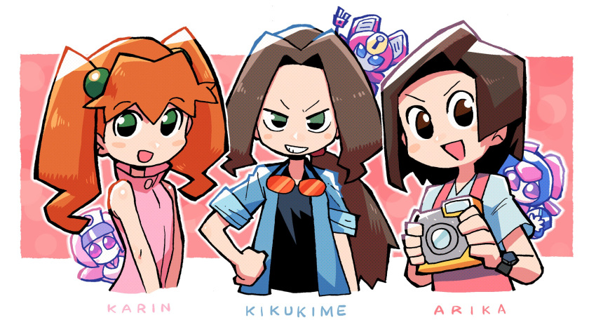 3girls, :d, amazake_arika, black_shirt, blush_stickers, brass_(medarot), brown_eyes, brown_hair