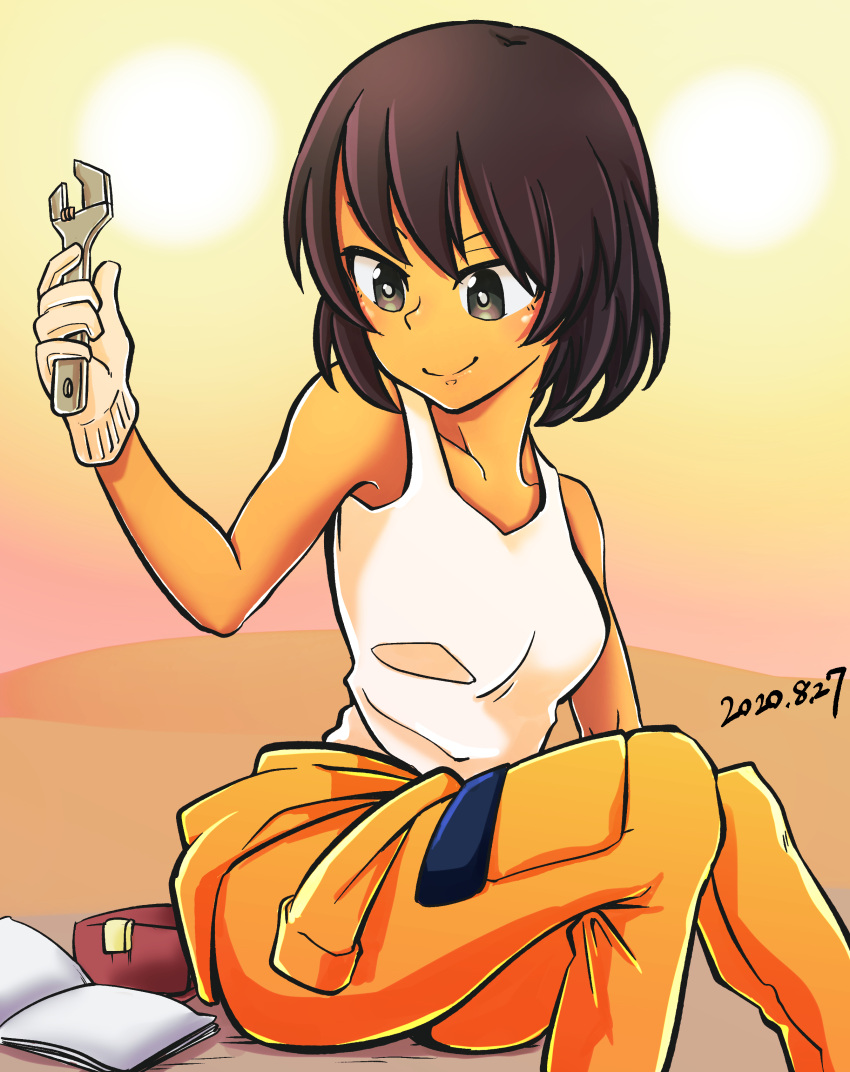 1girl, absurdres, bangs, black_eyes, bob_cut, book, brown_hair, closed_mouth, clothes_around_waist, commentary, dark_skin, dark-skinned_female, dated, girls_und_panzer, gloves, hidanedane, highres, holding, holding_wrench, hoshino_(girls_und_panzer), jumpsuit, mechanic, orange_jumpsuit, shirt, short_hair, sitting, smile, solo, tank_top, uniform, white_gloves, white_shirt, wrench