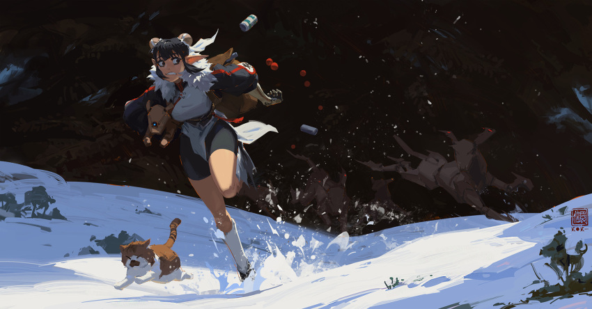 1girl, animal, backpack, bag, bike_shorts, black_hair, black_shorts, breasts, bun_cover, buruma, cat, china_dress, chinese_clothes, commentary, double_bun, dress, english_commentary, fleeing, highres, holding, holding_animal, kan_liu_(666k), long_pointy_ears, mechanical_animal, mechanical_hand, medium_breasts, motion_blur, multiple_others, original, pointy_ears, prosthesis, prosthetic_arm, scared, short_hair, shorts, shorts_under_dress, snow, solo_focus, white_dress, wolf, xiang_xiao-lu
