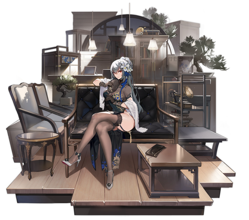 1girl, azur_lane, bag, breasts, chair, china, dress, garter_straps