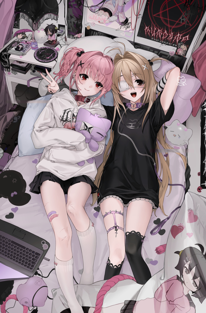 2girls, altair_(unxi), antenna_hair, arm_behind_head, arm_warmers, bandaid, bed, bedroom