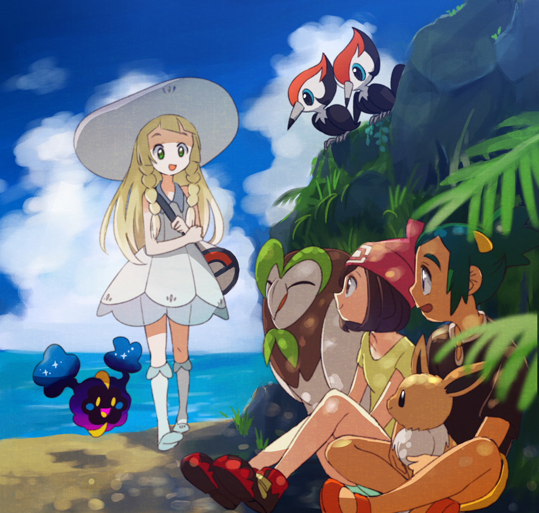 1boy, 2girls, blonde_hair, braid, closed_mouth, clouds, commentary_request, cosmog