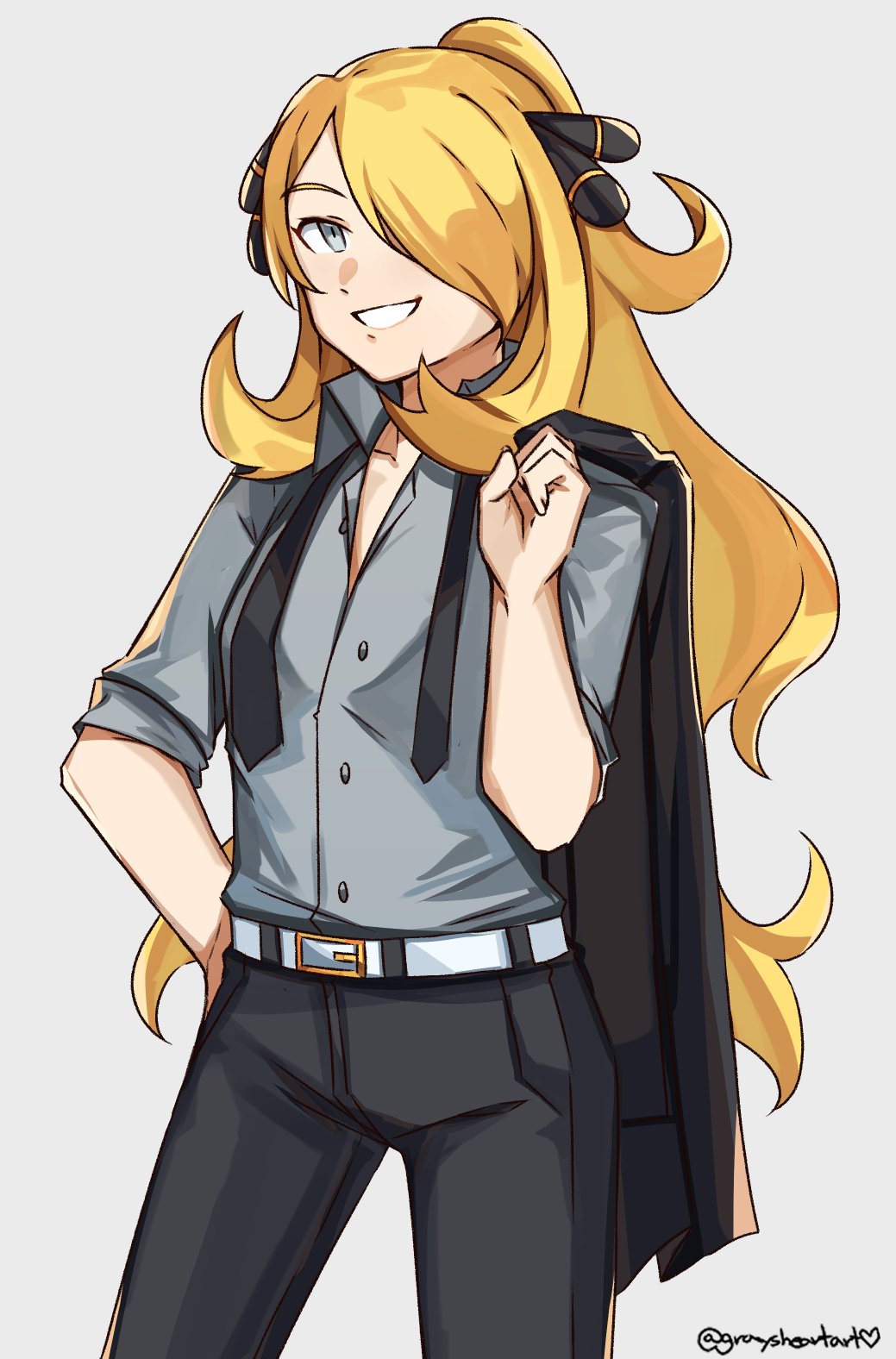 1girl, alternate_costume, belt, black_pants, blonde_hair, breasts, collared_shirt, contrapposto