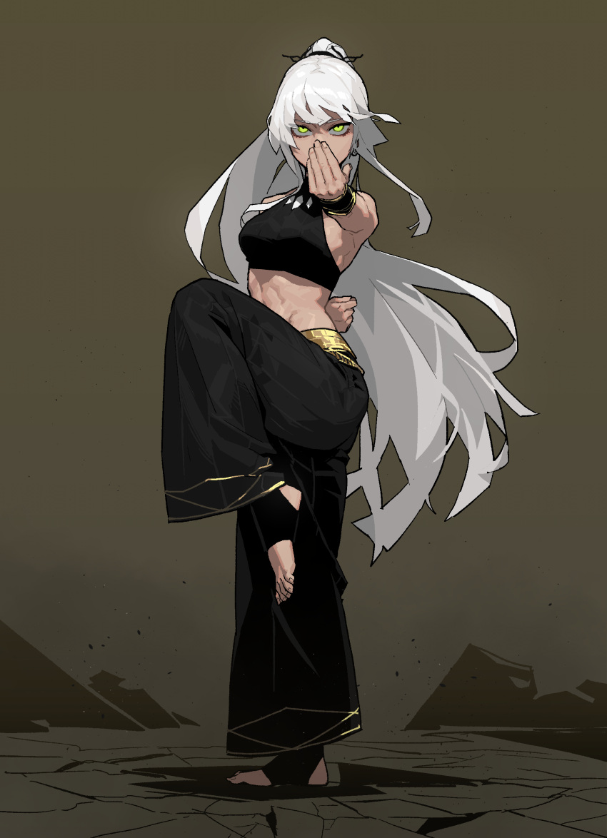 1girl, abs, absurdres, arm_behind_back, baggy_pants, barefoot, black_legwear, black_pants