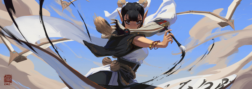 1girl, black_hair, blue_sky, breasts, bun_cover, calligraphy_brush, china_dress, chinese_clothes, commentary, double_bun, dress, english_commentary, eyeliner, highres, ink, kan_liu_(666k), long_pointy_ears, looking_at_viewer, makeup, mechanical_arm, medium_breasts, motion_blur, original, paintbrush, pointy_ears, prosthesis, prosthetic_arm, rope_belt, short_hair, sky, smoke, solo, throwing, white_dress, wide_sleeves, widescreen, xiang_xiao-lu
