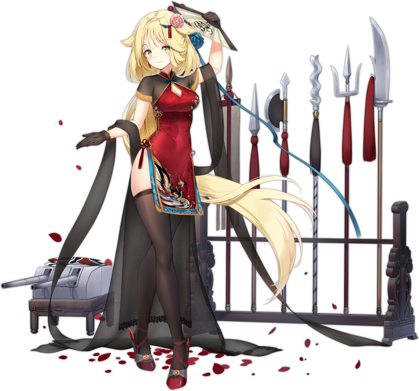 1girl, 2020, arm_up, aurora_(azur_lane), aurora_(heritage_of_yu_city)_(azur_lane), axe, azur_lane, black_gloves, black_legwear, blonde_hair, blush, breasts, cannon, china_dress, chinese_clothes, cleavage_cutout, clothing_cutout, crossed_legs, dress, expressions, fan, flower, folding_fan, full_body, gloves, green_eyes, guan_dao, hair_flaps, hair_flower, hair_ornament, high_heels, highres, legs, long_hair, maya_g, multiple_weapons, official_alternate_costume, official_art, outstretched_hand, petals, polearm, ponytail, red_dress, red_footwear, red_pepper_earrings, shoes, smile, solo, spear, tassel, thigh-highs, thighs, transparent_background, trident, turret, very_long_hair, watson_cross, weapon, weapon_rack