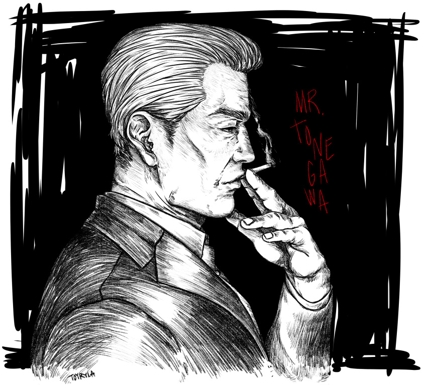 absurdres, artist_name, character_name, chuukan_kanriroku_tonegawa, cigarette, from_side, greyscale, highres, holding, holding_cigarette, kaiji, male_focus, monochrome, old, old_man, realistic, smoking, spot_color, tonegawa_yukio, toyryla