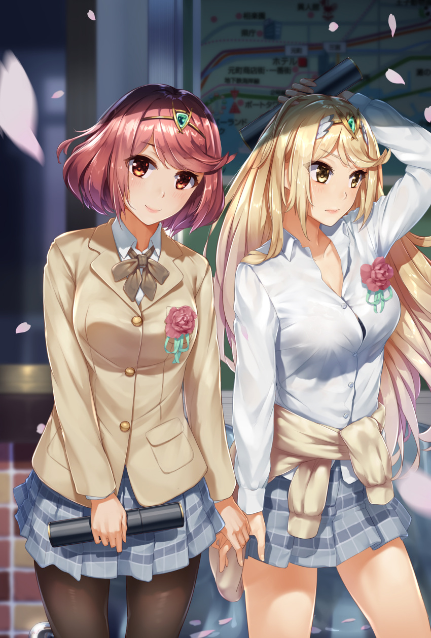 2girls, bare_legs, blazer, blazer_removed, blonde_hair, blush, bob_cut, choker