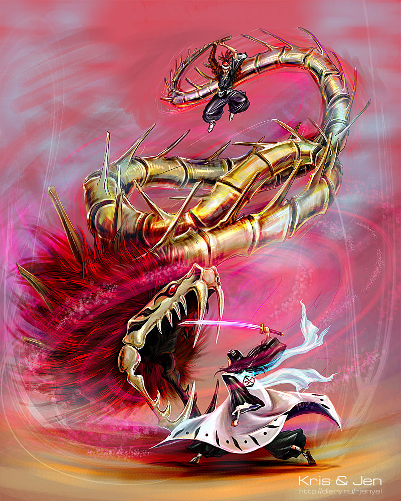 abarai_renji, bankai, battle, black_hair, bleach, epic, haori, japanese_clothes, jen-and-kris, katana, kuchiki_byakuya, long_hair, multiple_boys, red_hair, redhead, scarf, skeleton, snake, sword, taichou_haori, weapon, zabimaru