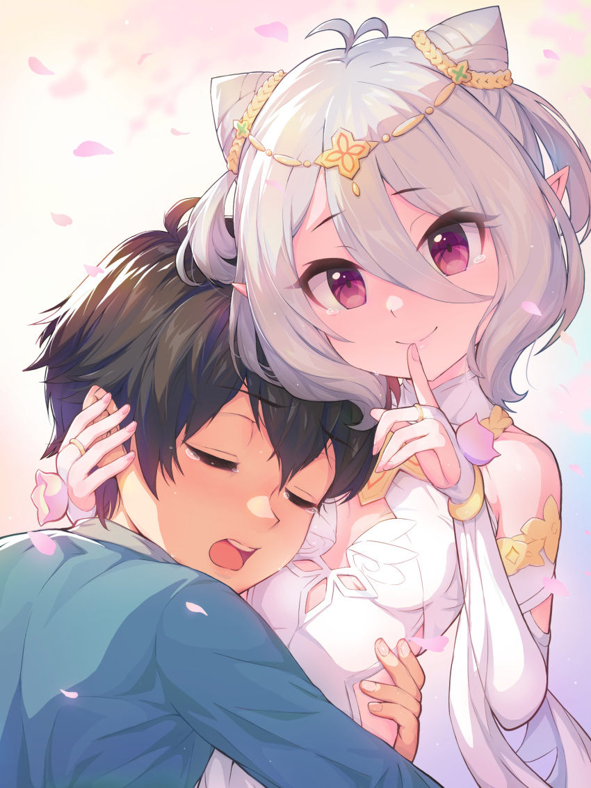 1boy, 1girl, antenna_hair, black_hair, bridal_gauntlets, closed_eyes, closed_mouth, commentary_request
