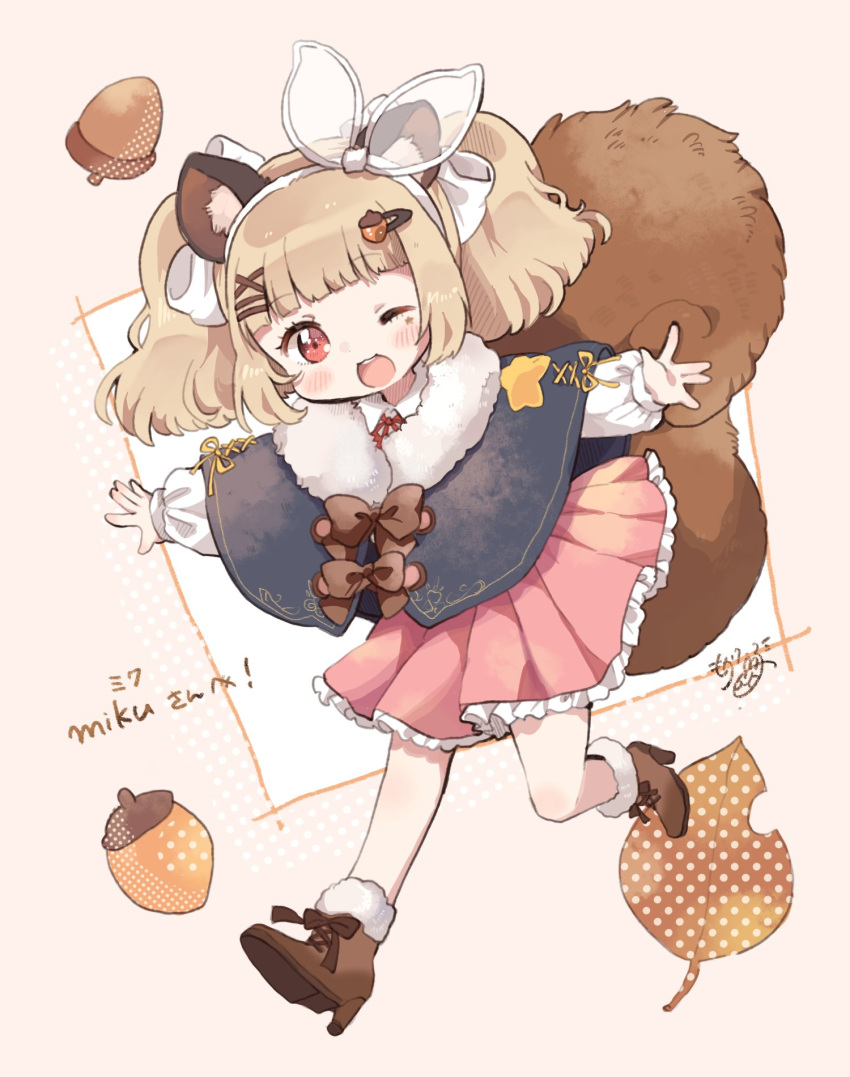 1girl, animal_ears, bangs, blonde_hair, cape, eyebrows_visible_through_hair, food_themed_hair_ornament, fur_collar