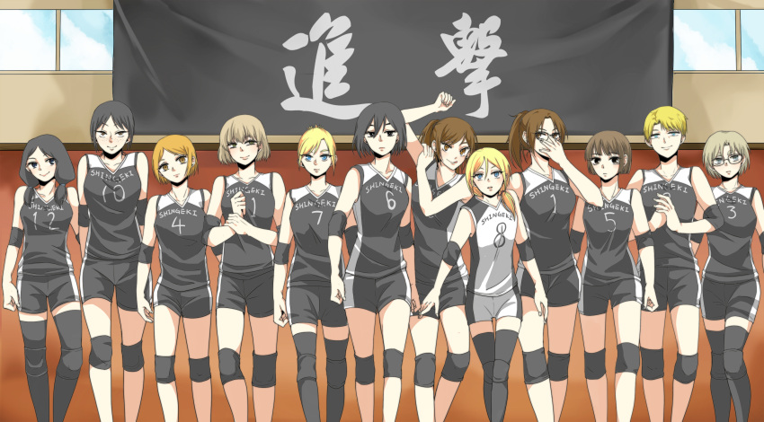 6+girls, annie_leonhardt, black_eyes, black_hair, blonde_hair, blue_eyes, brown_eyes, brown_hair