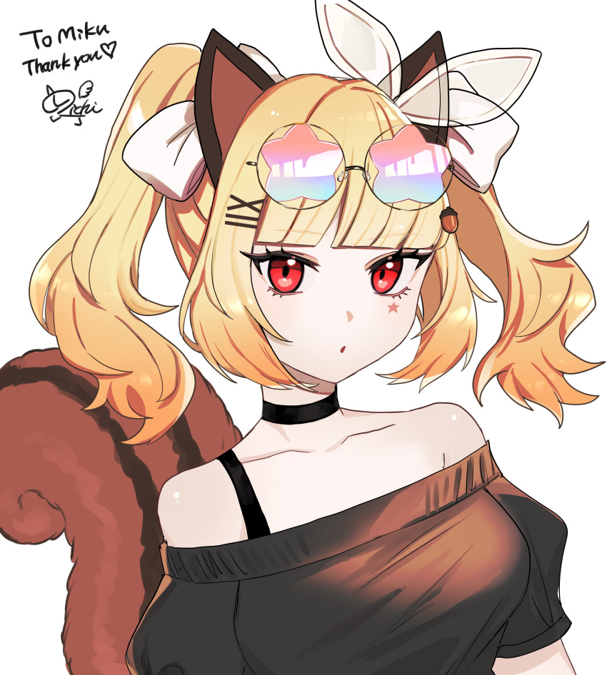 1girl, absurdres, acorn, animal_ears, bangs, blonde_hair, commission, eyebrows_visible_through_hair, eyewear_on_head, food_themed_hair_ornament, glasses, hair_ornament, hair_ribbon, hairclip, highres, indie_virtual_youtuber, nagao_yoichi, open_mouth, ribbon, risu_(oppabo), solo, star_(symbol), tail, white_background