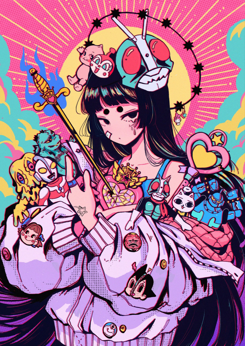 1girl, atom_(tetsuwan_atom), black_eyes, black_hair, blush, cat_soup, copyright_request, crisalys, doraemon, doraemon_(character), fujiya, godzilla, godzilla_(series), halftone, hands_up, heart, hedorah, highres, kamen_rider, kamen_rider_(series), kamen_rider_1, long_hair, looking_at_viewer, my_melody, no_nose, off_shoulder, onegai_my_melody, original, peko-chan, pigmon, solo, sword, tetsujin_28, tetsujin_28-gou, tetsuwan_atom, ultra_series, ultraman, ultraman_(1st_series), upper_body, very_long_hair, weapon