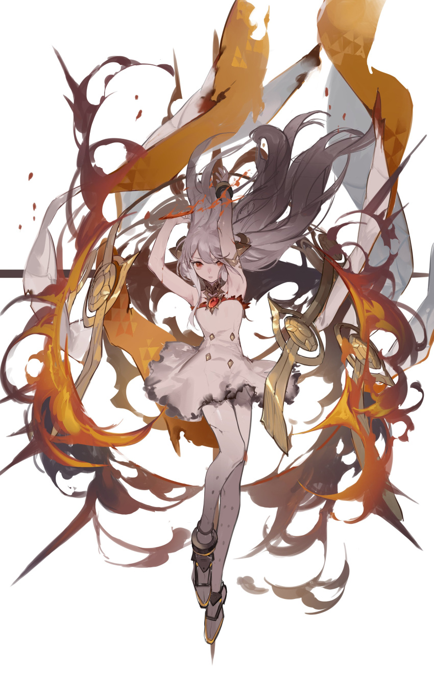 1girl, absurdres, armpits, bangs, dress, full_body, highres, long_hair, looking_at_viewer, mixkechin, multicolored_hair, original, parted_lips, red_eyes, simple_background, solo, strapless, strapless_dress, two-tone_hair, white_background, white_dress, white_legwear
