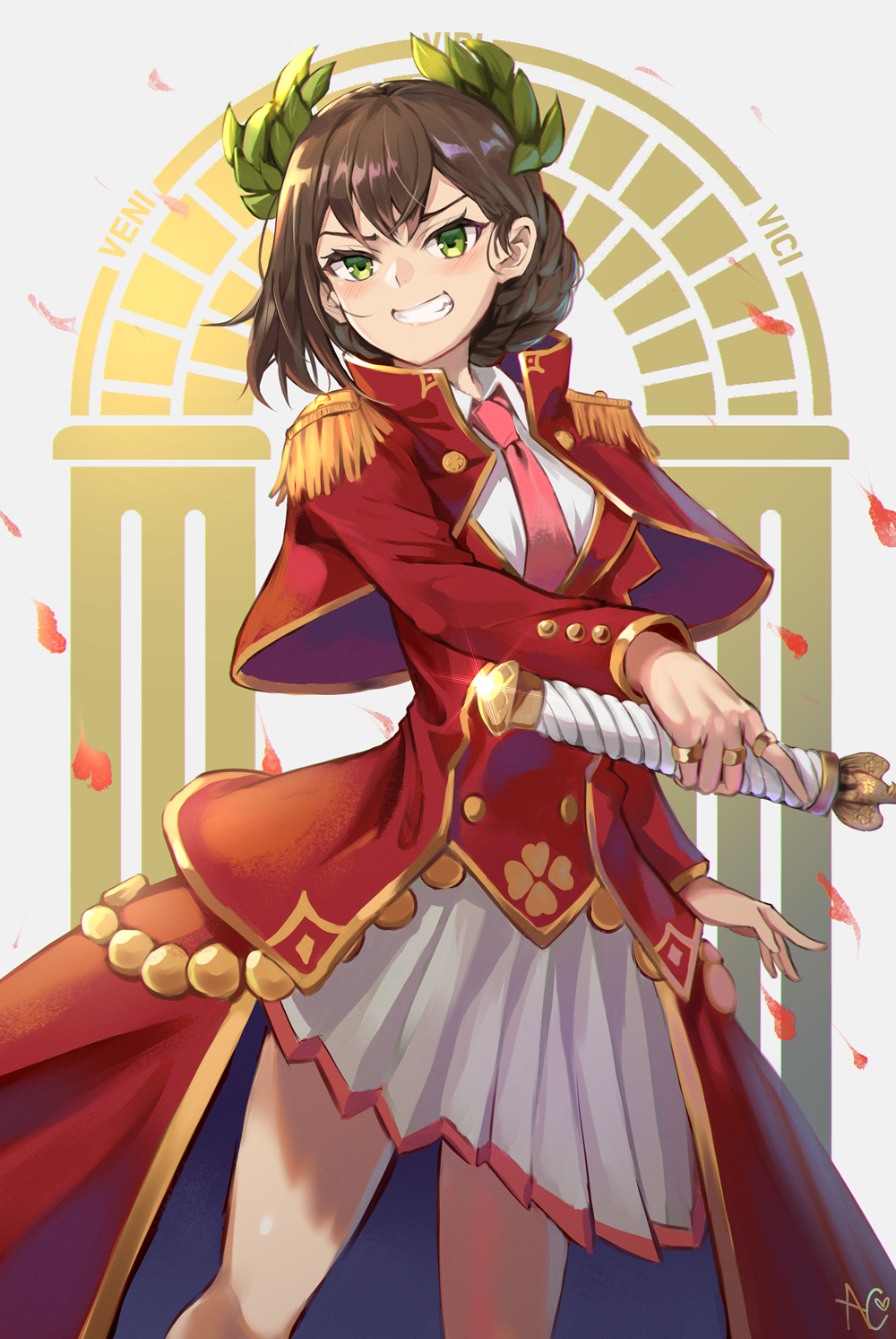 1girl, brown_hair, fate/grand_order, fate_(series), genderswap, genderswap_(mtf), gold, green_eyes, highres, jewelry, julius_caesar_(fate), laurel_crown, long_sleeves, miniskirt, necktie, niac, pink_neckwear, pleated_skirt, red_skirt, ring, short_hair, showgirl_skirt, skirt, solo, white_skirt