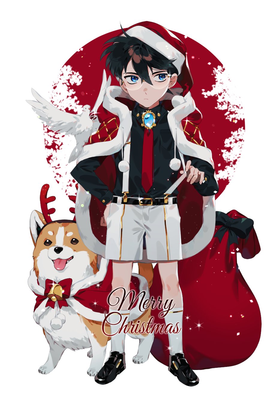 1boy, animal, bangs, black_footwear, black_hair, black_shirt, blue_eyes, brooch