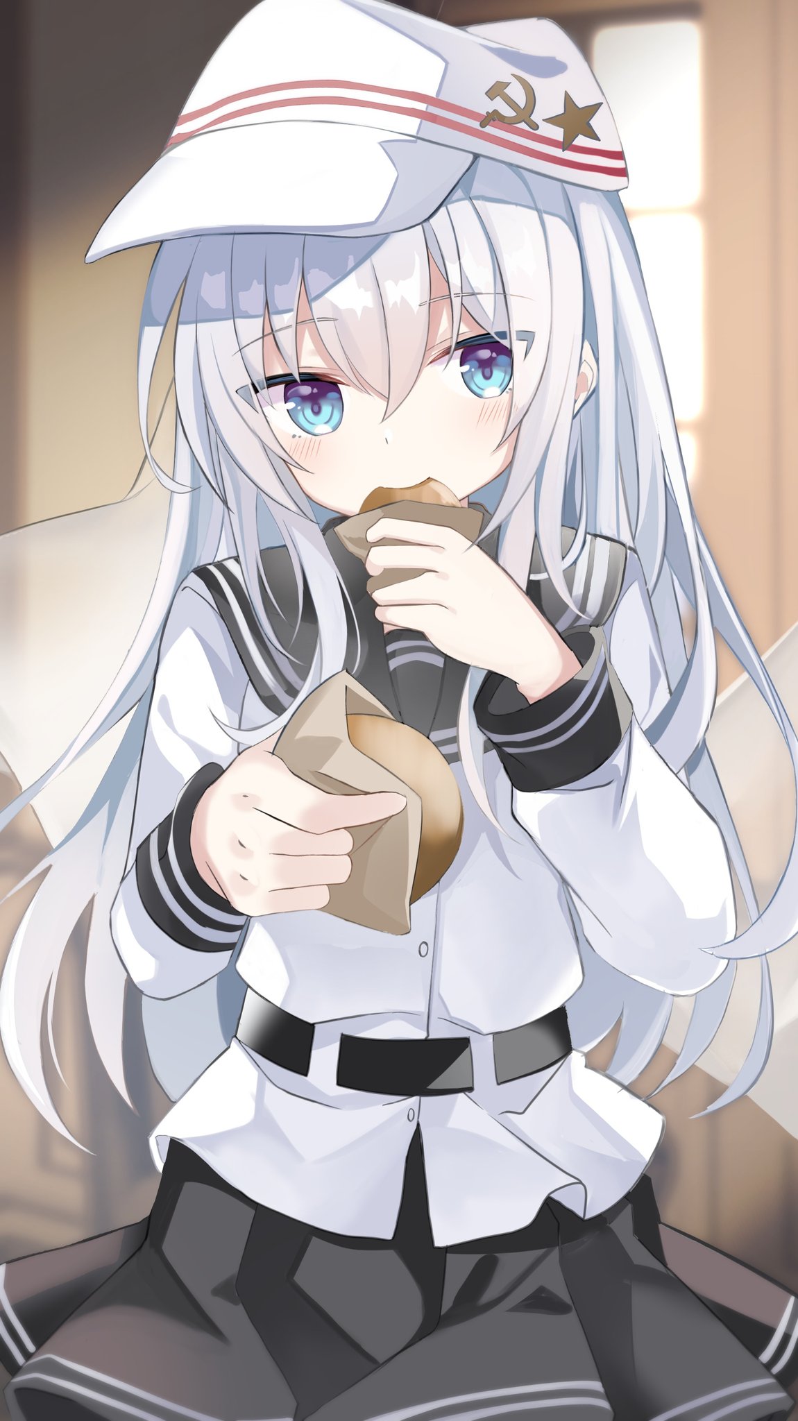 1girl, black_sailor_collar, black_skirt, blue_eyes, blush, buttons, eating, eyebrows_visible_through_hair