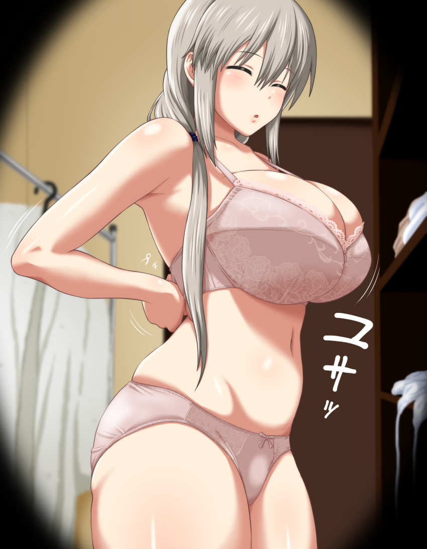 1girl, arms_behind_back, bangs, bare_shoulders, blurry, blurry_background, breasts, changing_room
