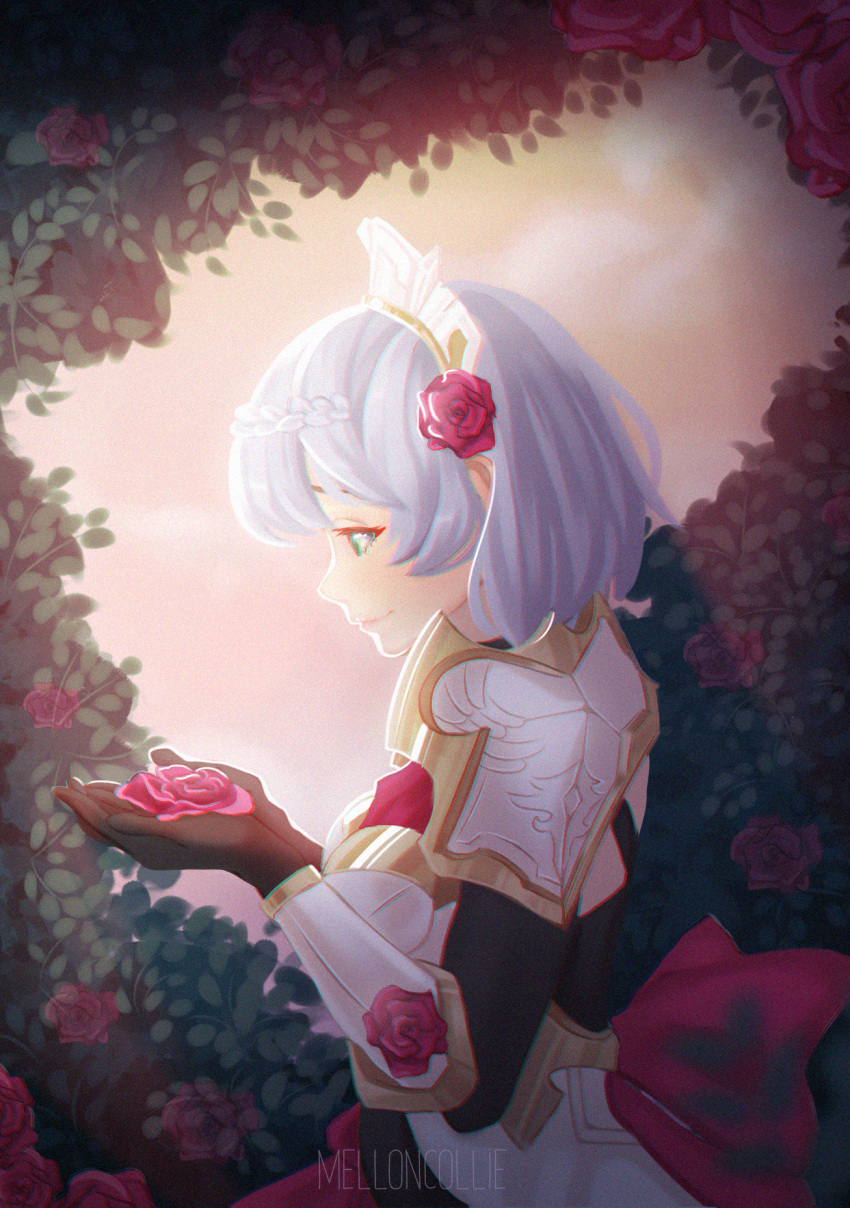 1girl, armor, blush, dress, flower, garden, genshin_impact, gloves, green_eyes, hair_flower, hair_ornament, highres, maid, melloncollie-chan, noelle_(genshin_impact), rose, short_hair, silver_hair, smile, solo, sunset, tiara