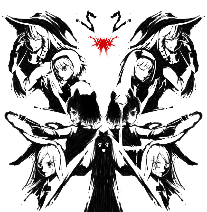 5girls, :d, alice_margatroid, animal_ears, bangs, blood, blood_on_face, blouse, bow, braid, character_name, closed_eyes, closed_mouth, commentary_request, constricted_pupils, cookie_(touhou), dress, empty_eyes, eyebrows_visible_through_hair, flamethrower, grin, gun, hair_bow, hairband, hakurei_reimu, hand_to_forehead, hat, highres, hisui_(cookie), holding, holding_gun, holding_weapon, ichigo_(cookie), inkblot_test, kirisame_marisa, long_hair, long_sleeves, looking_at_another, looking_at_viewer, mouse_ears, multiple_girls, nazrin, necktie, noel_(cookie), nyon_(cookie), open_mouth, own_hands_together, partially_colored, rabbit_girl, reisen_udongein_inaba, sharp_teeth, short_hair, silhouette, single_braid, smile, suzu_(cookie), sweat, sweating_profusely, symmetry, teeth, touhou, tsuno_(nicoseiga11206720), upper_body, weapon, white_background, witch_hat