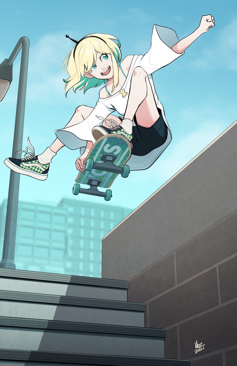 1girl, amano_pikamee, bangs, black_hairband, blonde_hair, building, green_eyes, green_hair, hair_between_eyes, hairband, highres, indy_grab, lamppost, m._lee_lunsford, midair, multicolored_hair, off-shoulder_shirt, off_shoulder, open_mouth, sharp_teeth, shirt, short_hair, skateboard, skateboarding, smile, solo, stairs, teeth, two-tone_hair, virtual_youtuber, voms, white_shirt