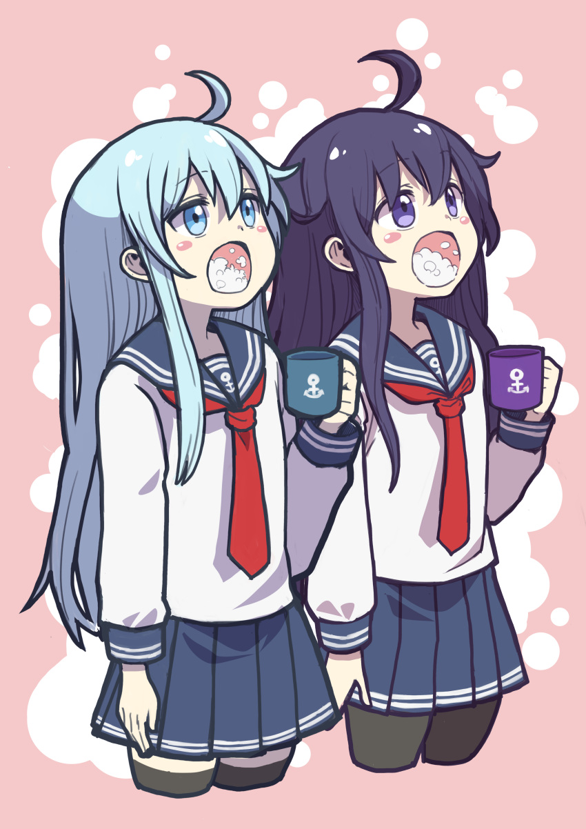 2girls, absurdres, akatsuki_(kantai_collection), anchor_symbol, black_legwear, black_sailor_collar, black_skirt, blue_eyes, blush_stickers, cropped_legs, cup, eyebrows_visible_through_hair, gargling, hair_between_eyes, hibiki_(kantai_collection), highres, holding, holding_cup, kantai_collection, long_hair, long_sleeves, multiple_girls, neckerchief, open_mouth, pantyhose, pleated_skirt, purple_hair, red_neckwear, sailor_collar, school_uniform, serafuku, silver_hair, skirt, thigh-highs, unagiman, violet_eyes