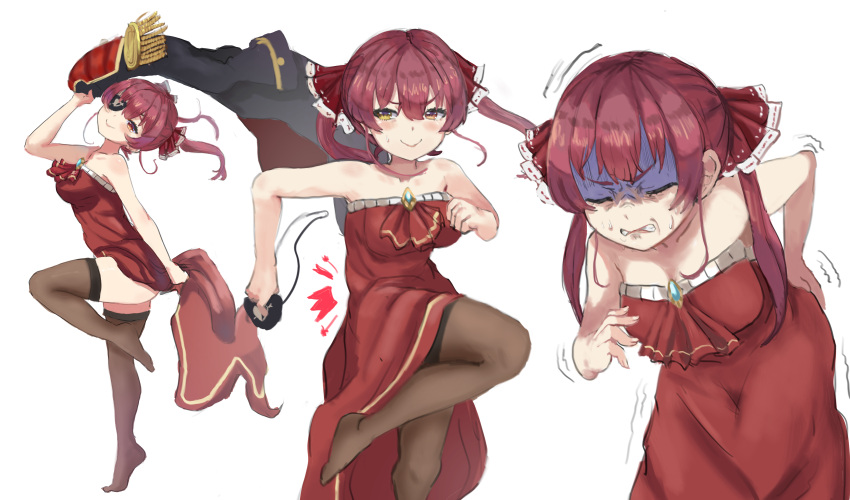 1girl, absurdres, back_pain, bare_shoulders, bent_over, blush, brown_legwear, clenched_teeth