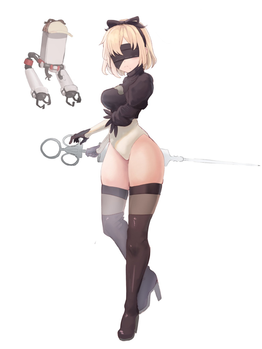 1girl, black_ribbon, blindfold, blonde_hair, boots, breasts, cosplay, foxxarius, frown, high_heel_boots, high_heels, highres, hololive, hololive_english, large_breasts, leotard, pod_(nier_automata), ribbon, short_hair, skindentation, solo, sword, thigh-highs, thigh_boots, thighs, watson_amelia, weapon, white_background, yorha_no._2_type_b, yorha_no._2_type_b_(cosplay)