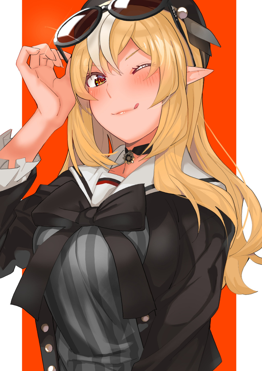 1girl, :q, absurdres, black_choker, black_shirt, blonde_hair, choker, dark_elf