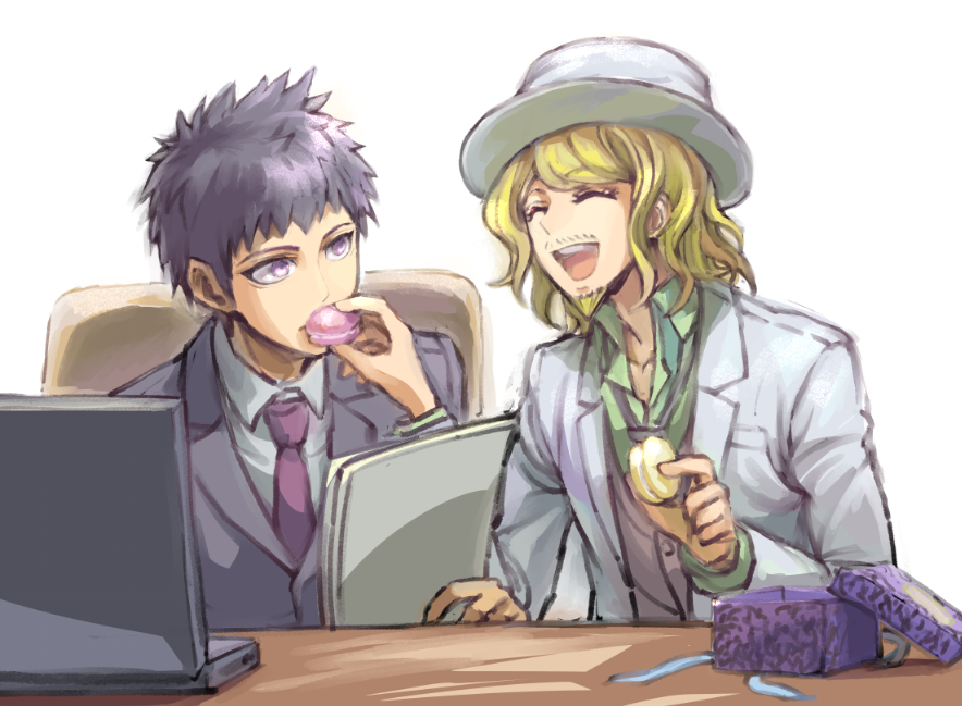 2boys, beard, blonde_hair, boater_hat, box, chair, closed_eyes, commentary_request