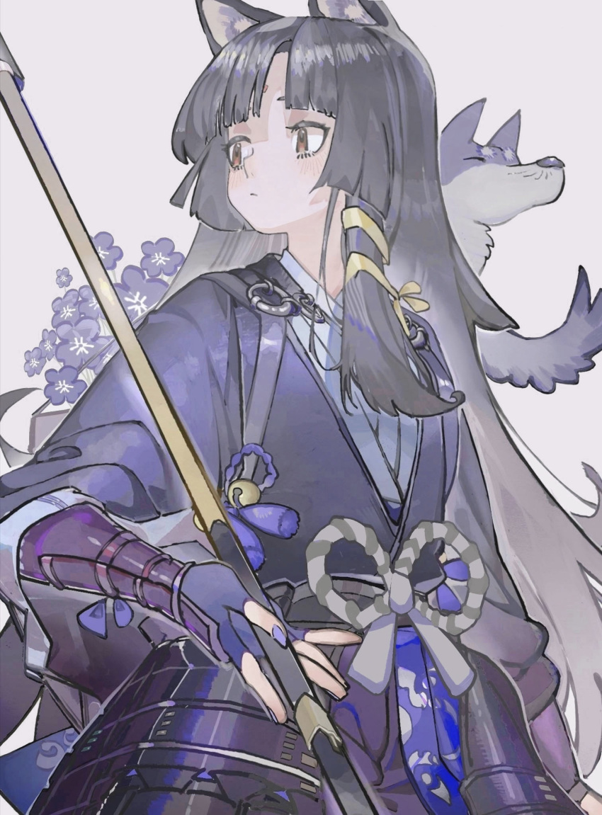 1girl, animal, animal_ears, arknights, arm_guards, bangs, black_hair, black_kimono