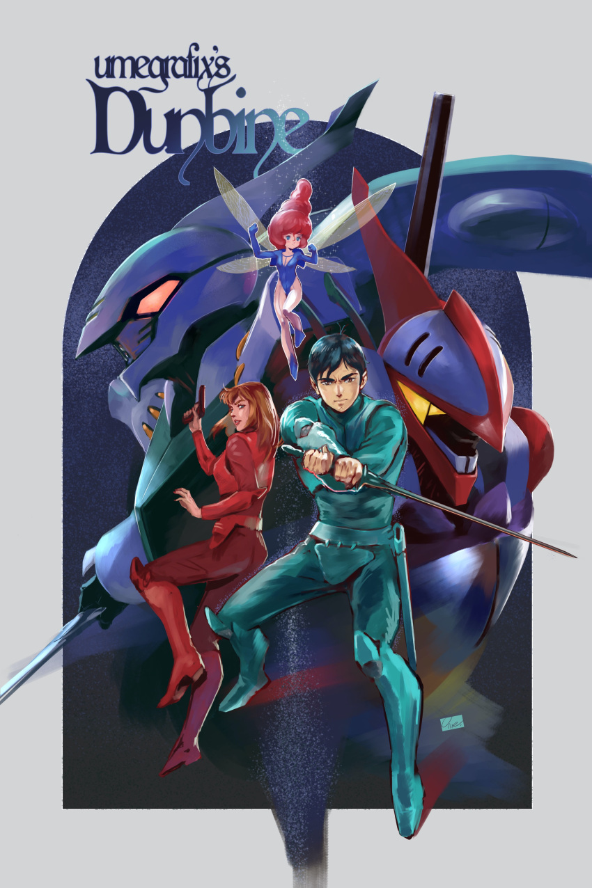 1boy, 2girls, absurdres, artist_name, billbine, black_hair, blue_eyes, blue_leotard