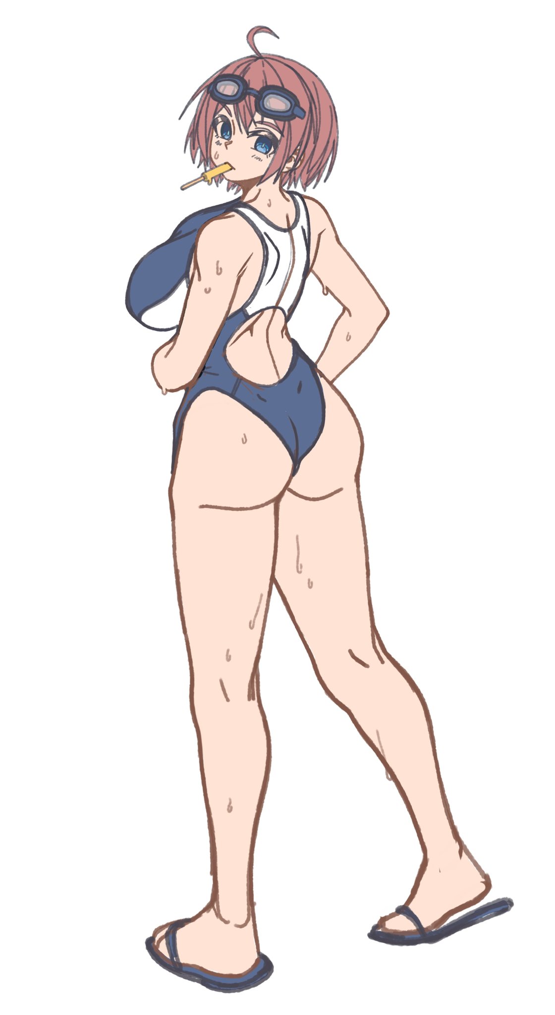 1girl, ahoge, ass, bangs, barefoot_sandals, blue_eyes, breasts, brups_tv