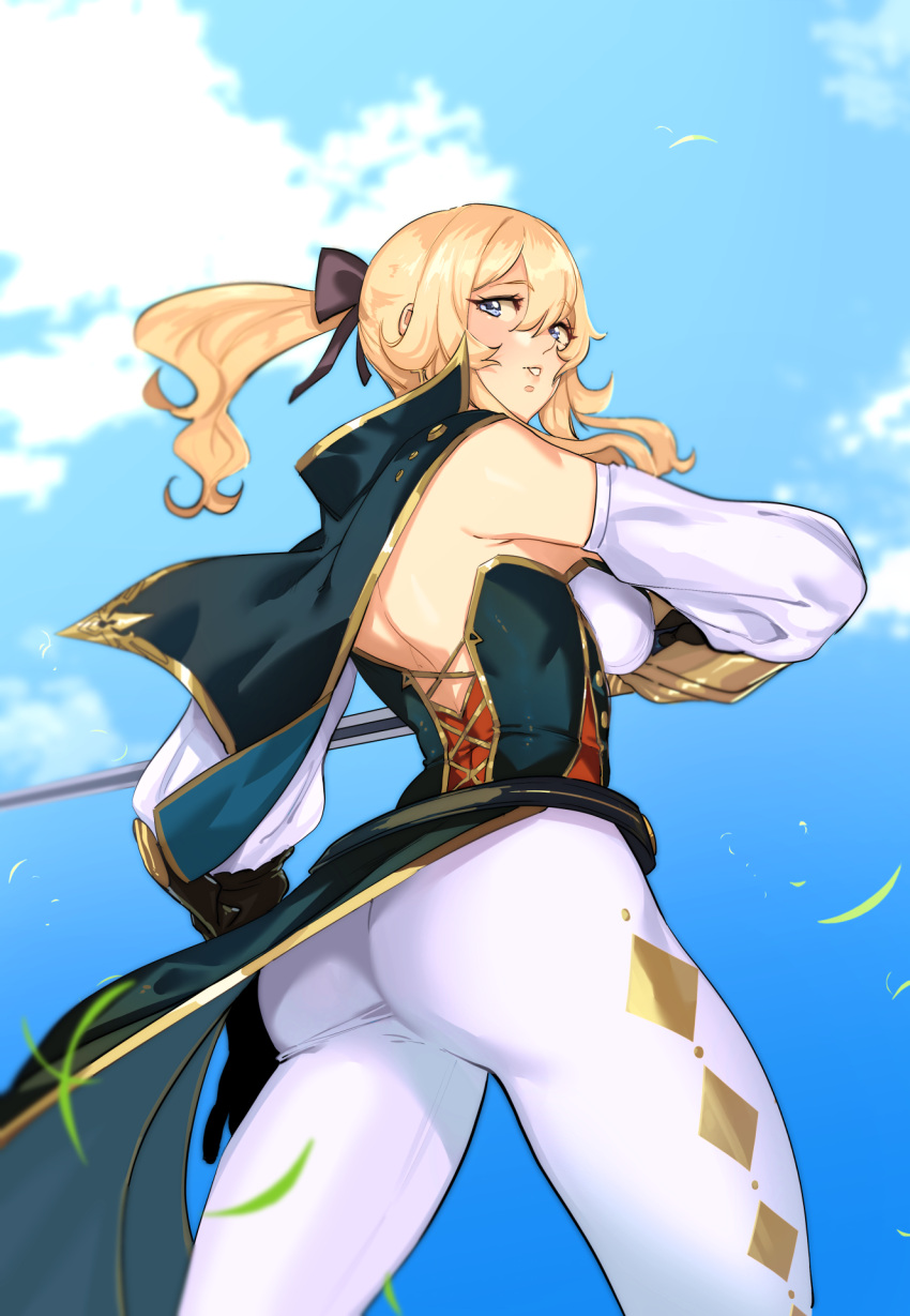 1girl, ass, back, bare_shoulders, blonde_hair, blue_capelet, blue_eyes, blue_sky