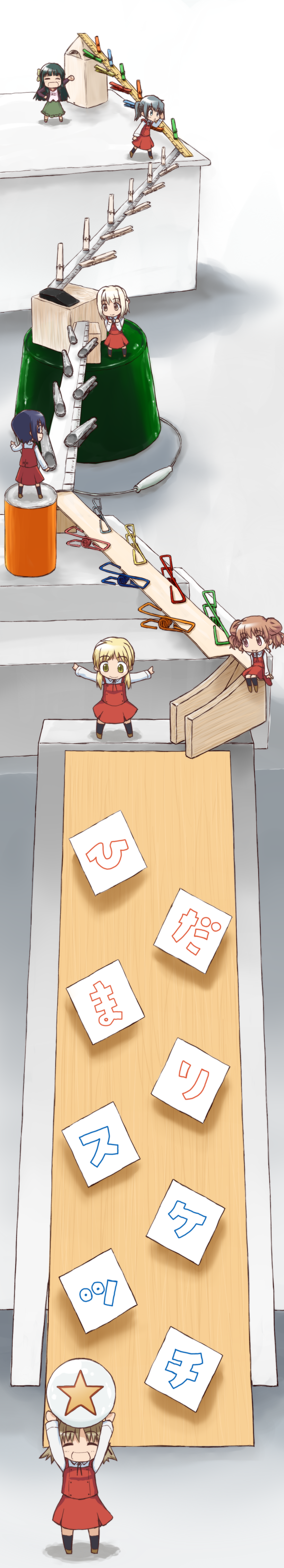 asterisk_(artist), ball, blonde_hair, blue_eyes, blue_hair, brown_hair, bucket, chibi