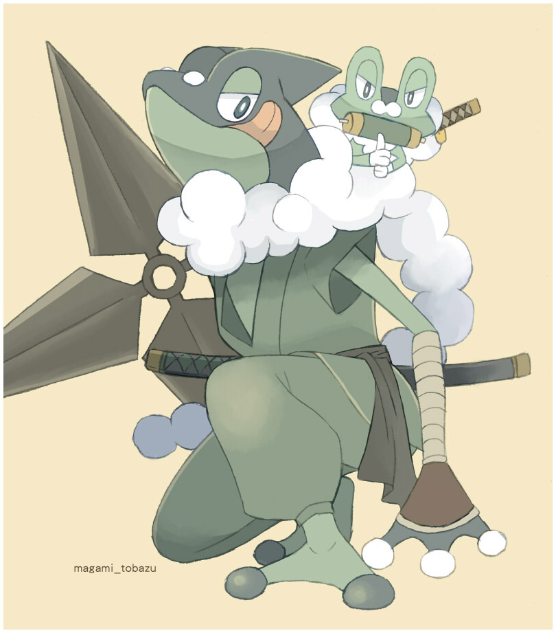 artist_name, border, bright_pupils, closed_mouth, clothed_pokemon, commentary_request, froakie, frogadier