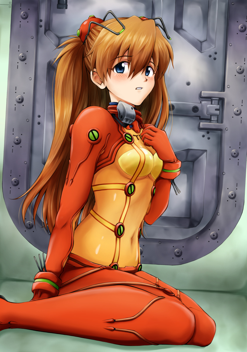 1girl, absurdres, bangs, baumku_techen, blue_eyes, blush, bodysuit, breasts
