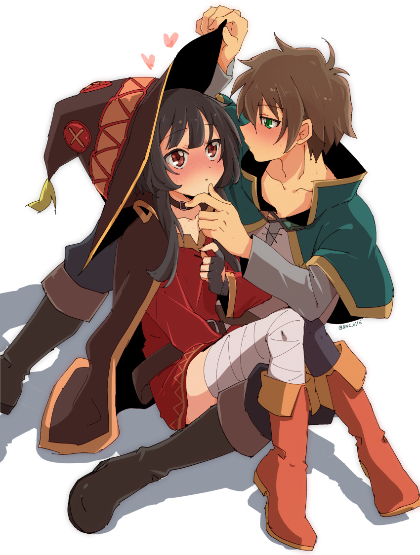 1boy, 1girl, absurdres, asymmetrical_legwear, banchii, bandaged_leg, bandages, between_legs