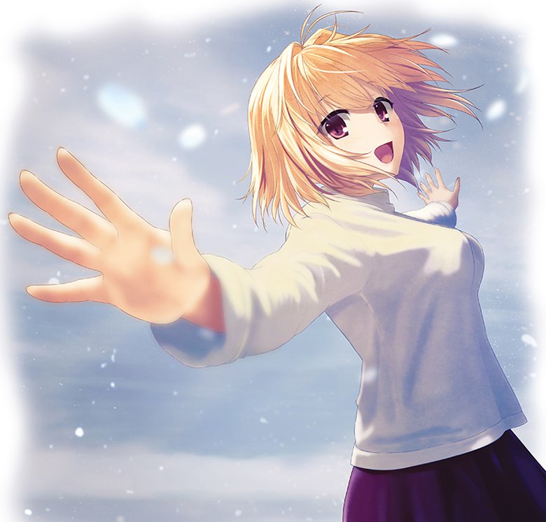1girl, :d, arcueid_brunestud, bangs, blonde_hair, breasts, eyebrows_visible_through_hair, floating_hair
