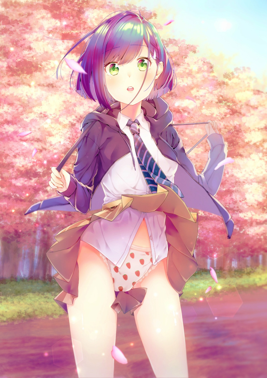 1girl, black_jacket, blue_hair, blue_neckwear, blurry, bokeh, brown_skirt, cherry_blossoms