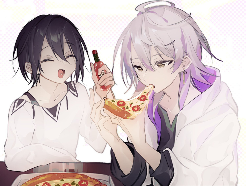 black_hair, bottle, character_request, closed_eyes, copyright_request, earrings, eating, food, grey_eyes, grey_hair, hair_between_eyes, halftone, hand_up, jewelry, long_sleeves, nyaro_sousaku, open_mouth, pizza, pizza_slice, upper_body
