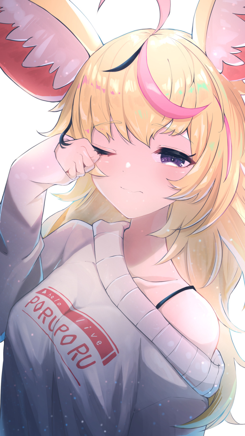 1girl, absurdres, ahoge, alternate_costume, animal_ears, bangs, black_hair, blonde_hair