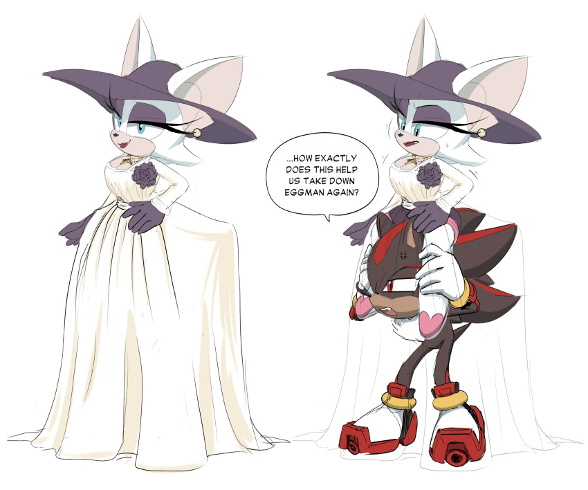 1boy, 1girl, absurdres, adam_bryce_thomas, alcina_dimitrescu, alcina_dimitrescu_(cosplay), anger_vein, animal_ears, animal_nose, bat_ears, bat_girl, blue_eyes, breasts, cosplay, dress, ears_through_headwear, english_text, eyelashes, fang, flower, furry, gloves, hand_on_hip, hat, highres, jewelry, lipstick, long_dress, long_sleeves, makeup, multiple_views, necklace, pearl_necklace, purple_gloves, purple_headwear, red_eyes, resident_evil, resident_evil_village, ring, rose, rouge_the_bat, shadow_the_hedgehog, simple_background, smile, sonic_(series), speech_bubble, sun_hat, white_background, white_gloves