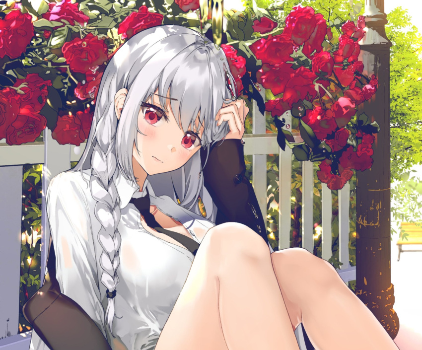 1girl, begonia_(flower), braid, breasts, closed_mouth, flower, hair_over_shoulder, highres, knees_up, long_hair, looking_at_viewer, medium_breasts, original, red_flower, shirt, silver_hair, sitting, solo, ttorong, white_shirt